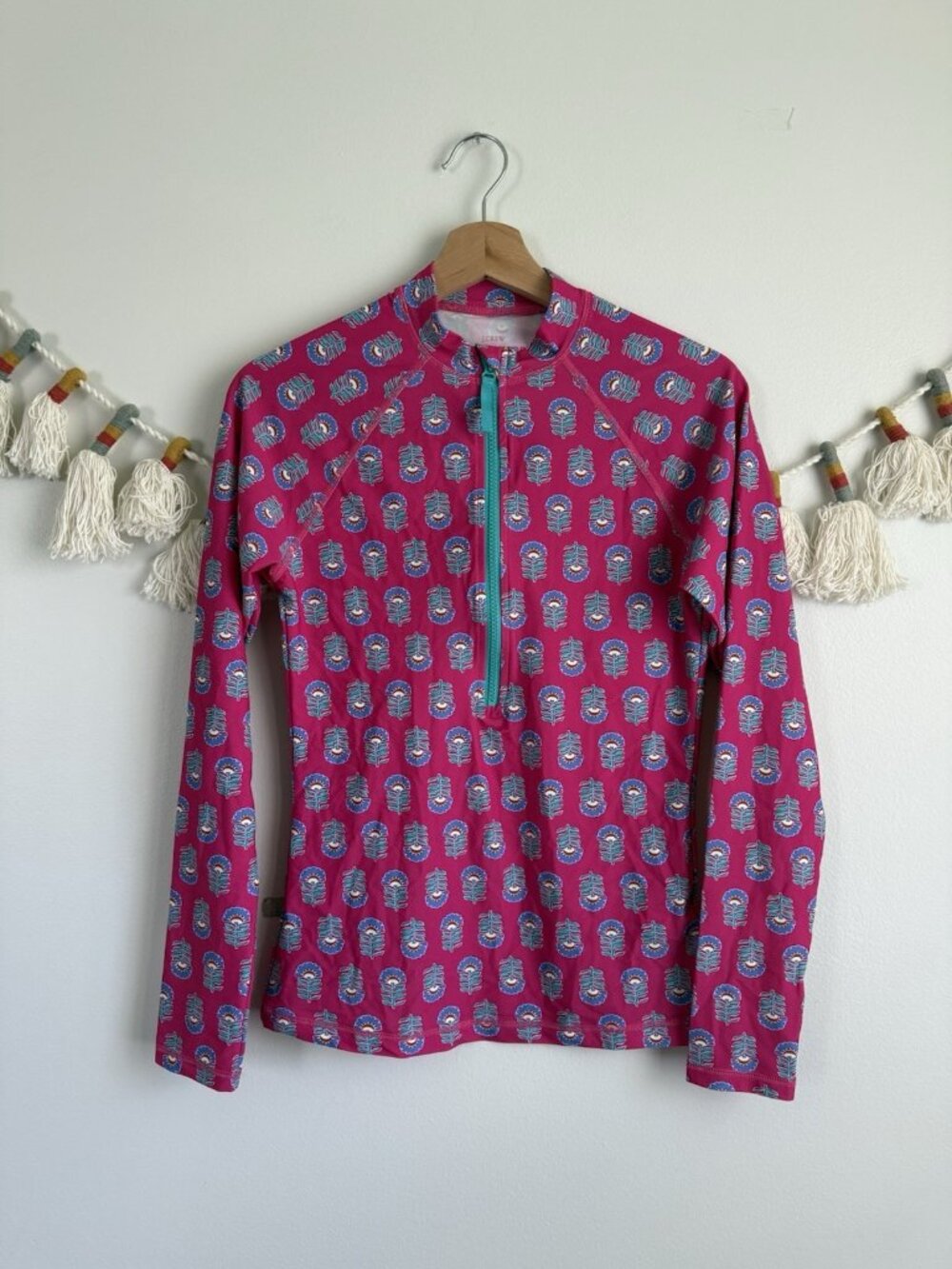 J. Crew Rash Guard With Front Zip Long Sleeve Swim Top Pink Floral Resort Wear M